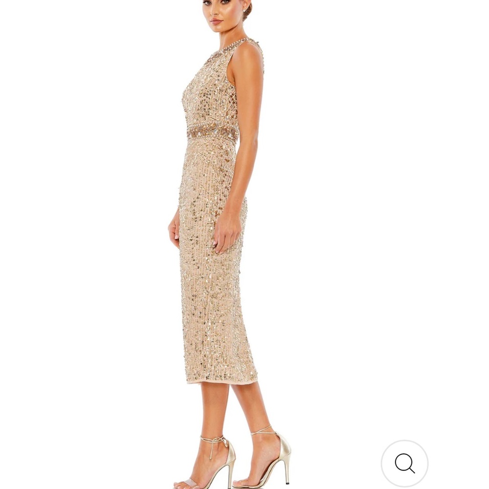 Mac Duggal Sequin Embellished Sleeveless Cocktail Midi Dress Gold 10739 Size 12